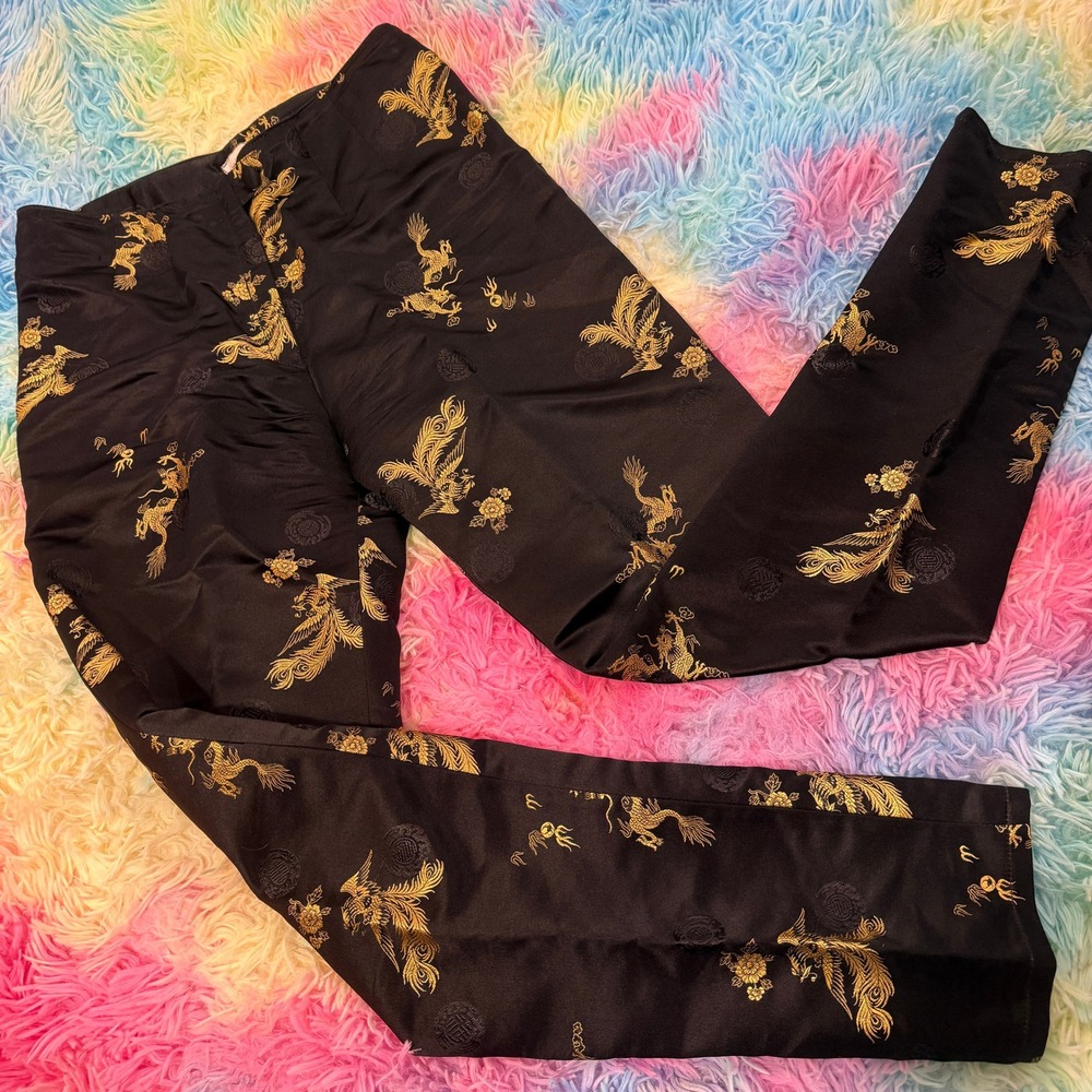 Vintage Gigi Clark Trousers Women Black Gold Phoenix Brocade Satin Pants